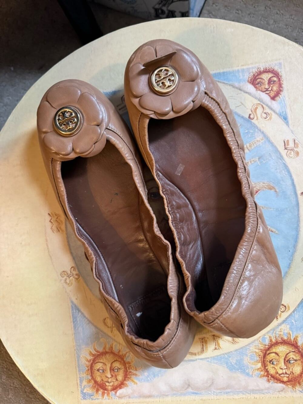 Tory Burch Chestnut Leather Camellia Ballet Flats with Logo Medallion